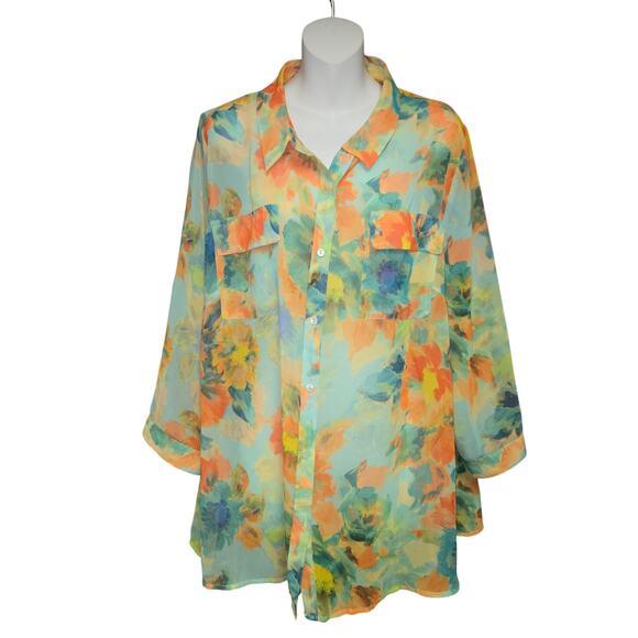 Lane Bryant 22/24 Sheer Floral Blouse Mint Green Orange Watercolor Tunic Flowy - Picture 1 of 9